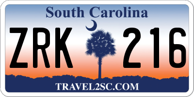 SC license plate ZRK216