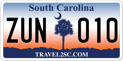 SC license plate ZUN010