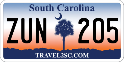 SC license plate ZUN205