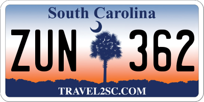 SC license plate ZUN362