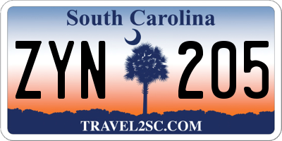 SC license plate ZYN205