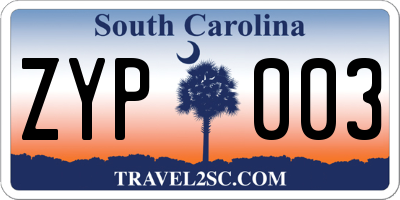 SC license plate ZYP003