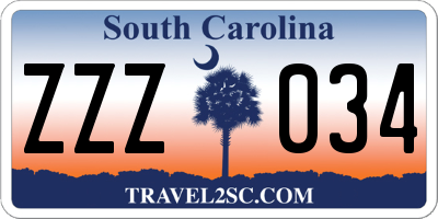 SC license plate ZZZ034