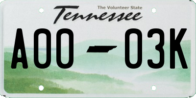 TN license plate A0003K