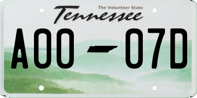 TN license plate A0007D