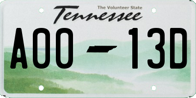 TN license plate A0013D