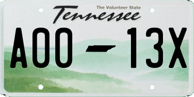 TN license plate A0013X