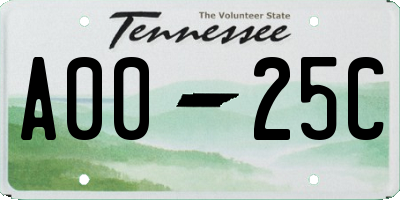 TN license plate A0025C