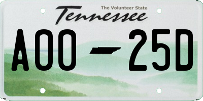 TN license plate A0025D