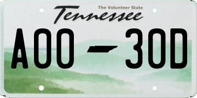 TN license plate A0030D