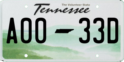 TN license plate A0033D