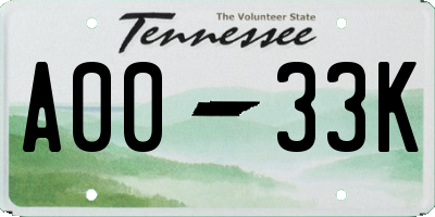 TN license plate A0033K