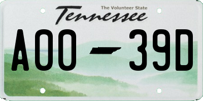 TN license plate A0039D