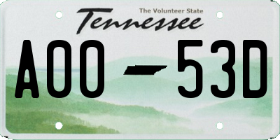 TN license plate A0053D