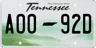 TN license plate A0092D