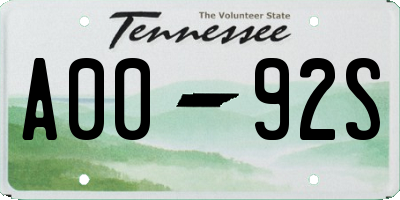 TN license plate A0092S