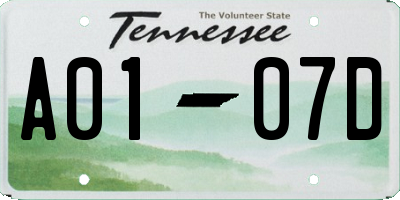 TN license plate A0107D