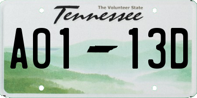 TN license plate A0113D