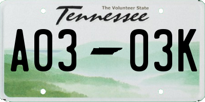 TN license plate A0303K