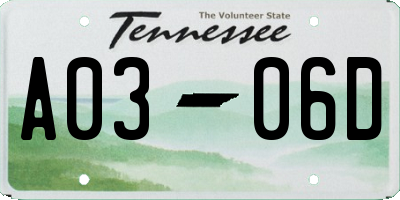 TN license plate A0306D