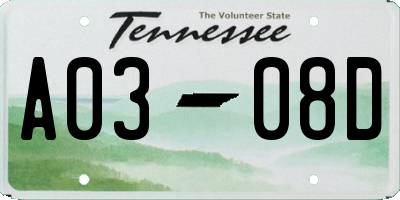 TN license plate A0308D