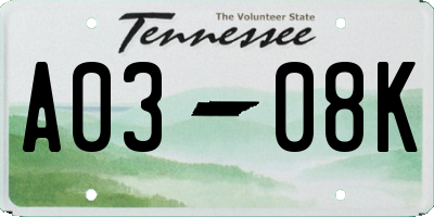 TN license plate A0308K