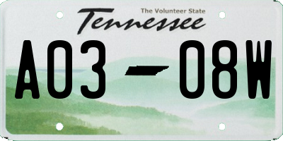 TN license plate A0308W