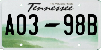 TN license plate A0398B