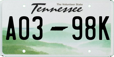 TN license plate A0398K