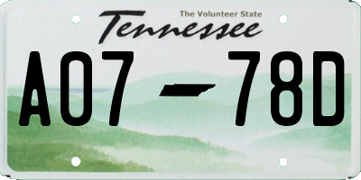 TN license plate A0778D