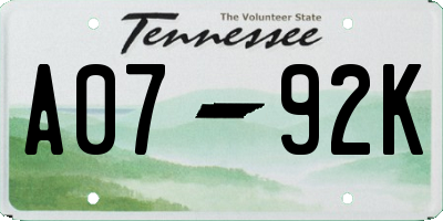 TN license plate A0792K