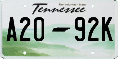 TN license plate A2092K
