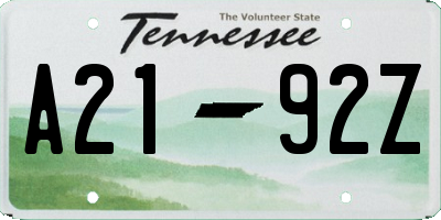 TN license plate A2192Z