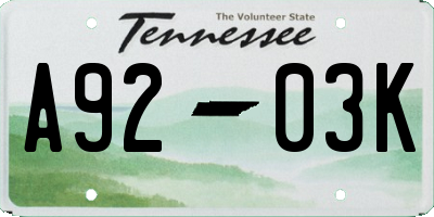 TN license plate A9203K