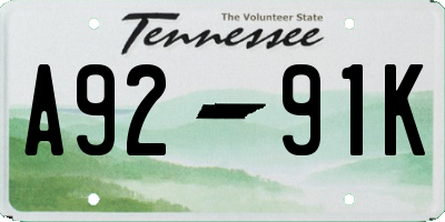 TN license plate A9291K