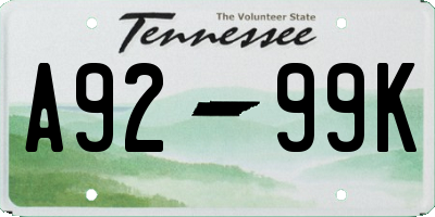 TN license plate A9299K