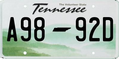 TN license plate A9892D