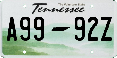 TN license plate A9992Z