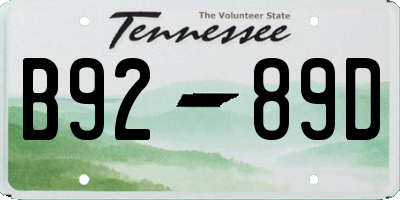 TN license plate B9289D