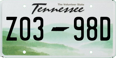 TN license plate Z0398D