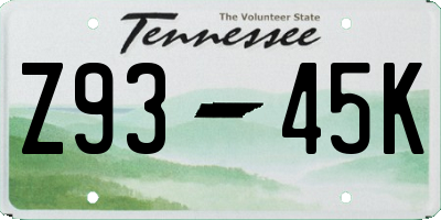 TN license plate Z9345K