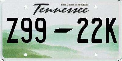 TN license plate Z9922K