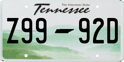 TN license plate Z9992D
