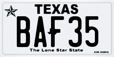 TX license plate BAF35