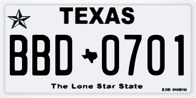 TX license plate BBD0701