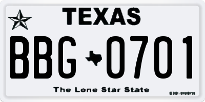TX license plate BBG0701