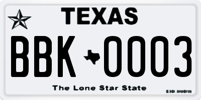 TX license plate BBK0003