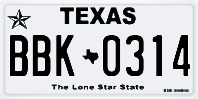 TX license plate BBK0314