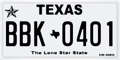 TX license plate BBK0401