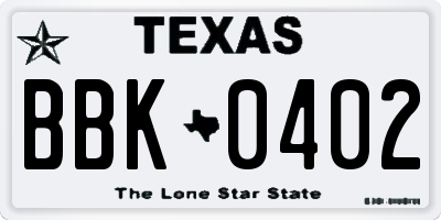 TX license plate BBK0402